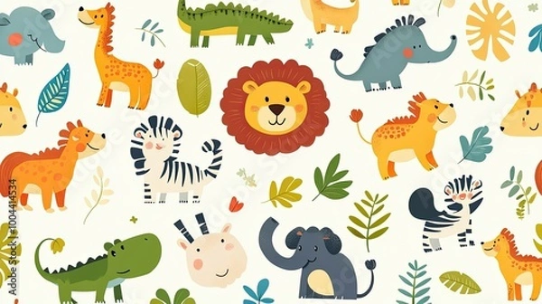 Fototapeta Vector seamless pattern with lion  toucan zebra  elephant  sloth.Tropical jungle cartoon creatures.Cute natural pattern for fabric  childrens clothing textiles wrapping paper.