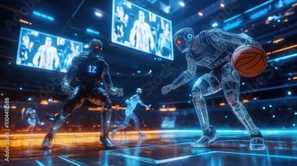 Fototapeta futuristic basketball game with robots players in neon-lit stadium