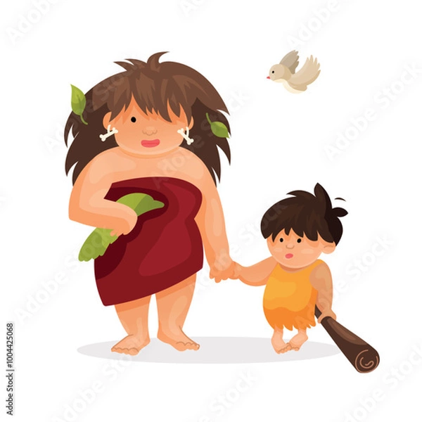 Fototapeta Cavemen isolated on a white background. Mother and child in clothes made of animal skins. Neanderthals with a club. Vector illustration in cartoon funny style