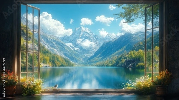 Fototapeta Serene mountain view through an open window with vibrant nature.