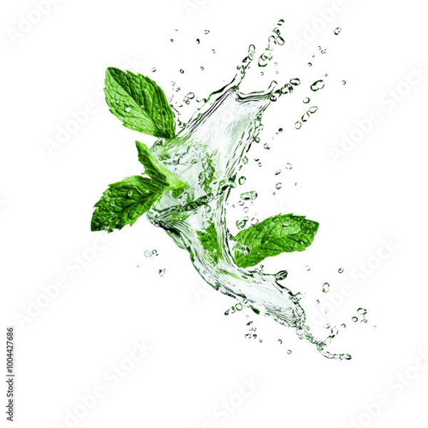 Fototapeta Fresh mint leaves splashing in clear water isolated on white background. Perfect for refreshing beverage or hygiene concepts. isolated PNG transparent Background.