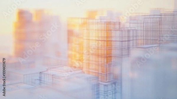 Fototapeta A blurred architectural rendering of modern skyscrapers illuminated by soft light.