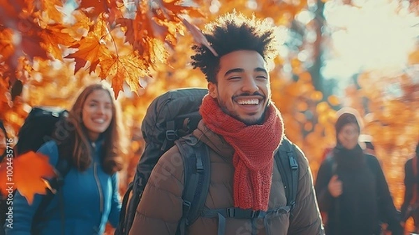 Fototapeta A man hikes joyfully with friends through an autumn forest, surrounded by vibrant colors.