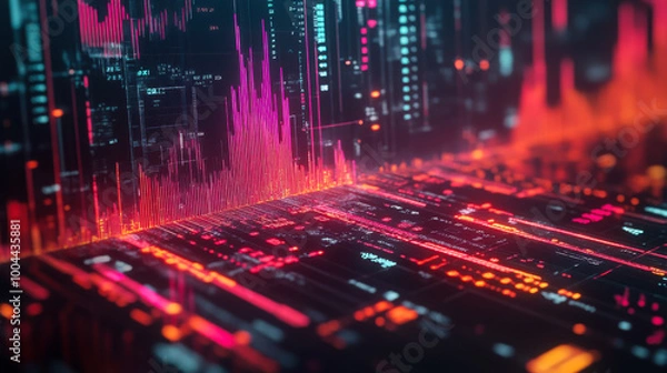 Obraz Dynamic visualization of sound waves in a digital environment showcasing vibrant colors and intricate patterns