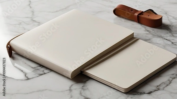 Fototapeta A clean, minimalist notebook with a leather strap, placed on a smooth marble surface with no branding or additional elements, perfect for gifting and emphasizing timeless design.
