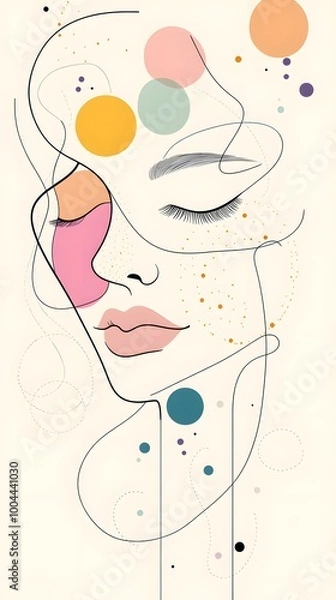 Fototapeta A beautiful line drawing of a face, eyes closed and lips slightly parted in an elegant pose, with colorful abstract shapes floating around it.