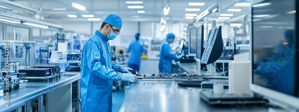 Fototapeta Employees in protective gear working on assembly line in high-tech manufacturing facility during daytime