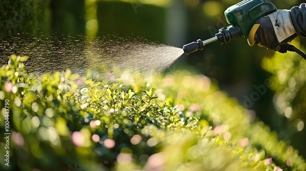 Obraz Lawn Care Worker Using Weed Sprayer in Garden Setting