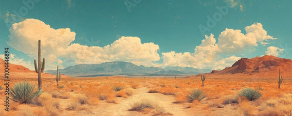 Obraz The Arizona desert, a vast landscape, features cacti and mountains in the background, with a vintage, retro aesthetic. The image is ultra-realistic and cinematic in style.