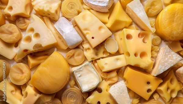 Fototapeta Cheese pattern featuring a variety of rounded, sliced, and wedge shapes in vibrant yellow hues. Generative AI