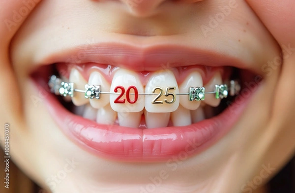 Fototapeta Close up of a child's teeth with braces. The braces have the numbers 2025 in the center in red, gold and green