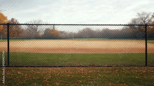Fototapeta View of an empty baseball field behind a fence