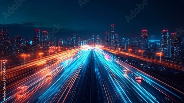 Fototapeta A cityscape at night becomes a blur of lights and motion, long exposure capturing urban life on the highway.