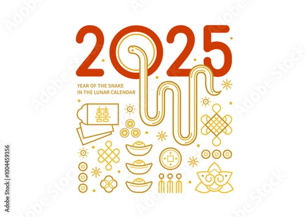 Obraz Vector square card pattern with symbols of the Snake Zodiac sign, Symbol of 2025 in the Chinese Lunar calendar. Line art China design. Chinese snake illustration. China translate: Snake