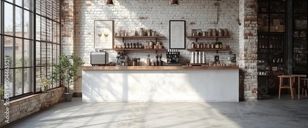 Obraz Modern Coffee Shop Interior with Exposed Brick Walls and Large Windows