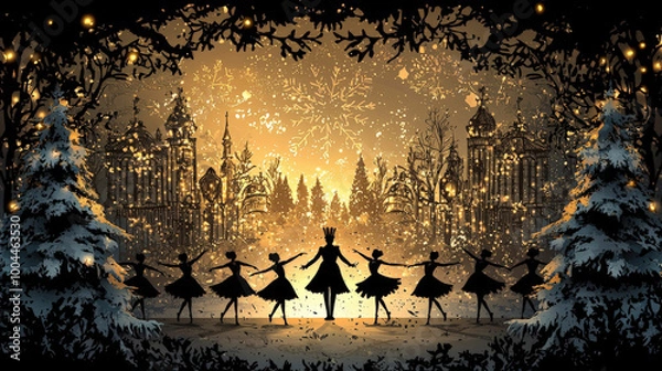 Fototapeta A magical winter scene featuring silhouette of dancers in snowy landscape, surrounded by trees and ornate buildings. atmosphere is enchanting, evoking spirit of Nutcracker ballet