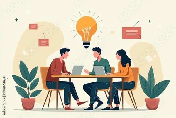 Fototapeta オフィスカジュアルな男女がミーティング中に良いアイデアを浮んだ瞬間のイラスト