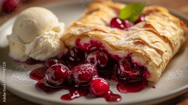 Obraz A close-up of a freshly baked cherry strudel, with vibrant red cherries oozing from the crispy layers of pastry, served with a side of vanilla ice cream.
