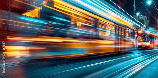 Fototapeta High-Speed Light Trails in the City at Night, AI generated illustration