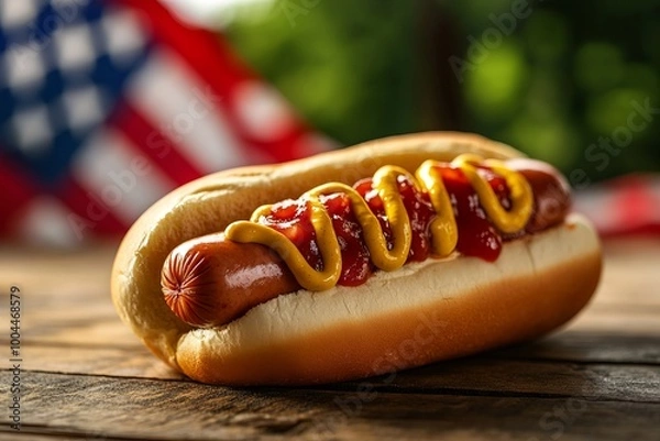 Fototapeta Close-up of a Hot Dog with Ketchup and Mustard at an American July Celebration, AI generated illustration