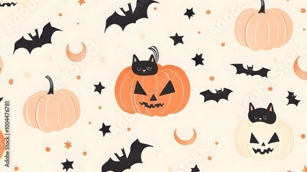 Fototapeta A fun Halloween pattern featuring pumpkins with polka dots, sleepy cats, and bats with crescent moons on their wings, all in soft pastel orange on a cream background