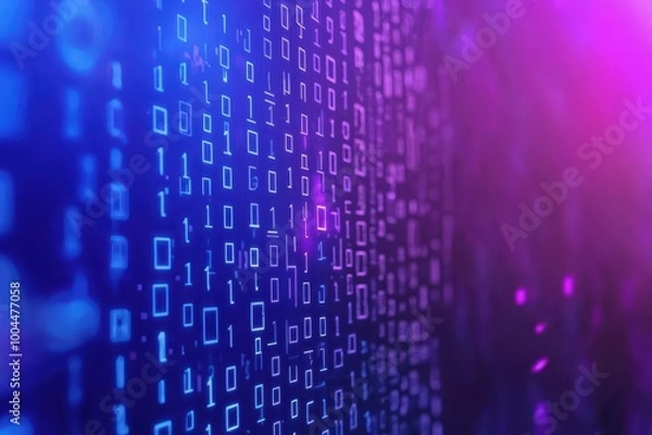 Fototapeta Digital binary code background with vibrant shades of blue and purple for technology or data themes.