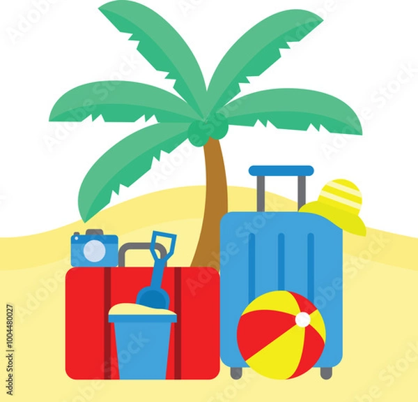 Obraz An Illustration of Travelling Which Has Images of Luggages, Coconut Tree, Sand Bucket, Camera, Etc.