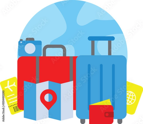 Obraz An Illustration of Travelling Which Has Images of Luggages, Map, Location Pin, Camera, Etc.