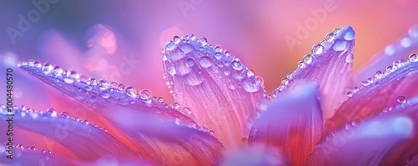 Fototapeta A detailed macro shot of a dew-covered bloom, where each droplet appears as a tiny lens, reflecting light and creating a magical effect on the petals.