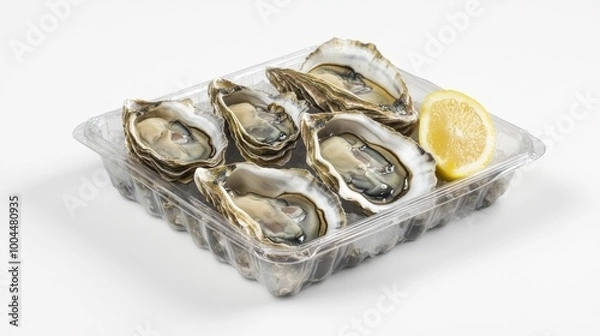 Fototapeta Fresh oysters packed in a plastic tray, presented on a clean white background, ideal for gourmet seafood dishes.