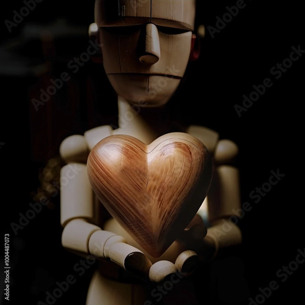 Obraz A wooden doll with a heart in her hands on a black background.