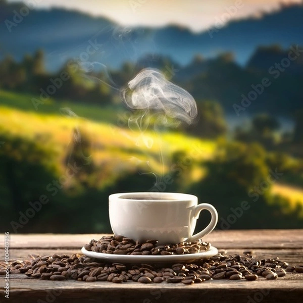 Fototapeta grãos de café numa mesa com uma xícara de café saindo fumaça em local bucólico, imagem close up