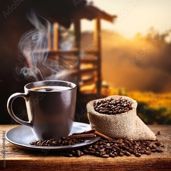 Fototapeta grãos de café numa mesa com uma xícara de café saindo fumaça em local bucólico, imagem close up