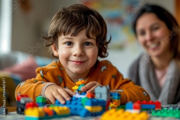 Fototapeta Child building colorful blocks at home