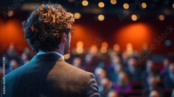 Fototapeta A business speaker addresses the audience, poised and professional as the room listens.