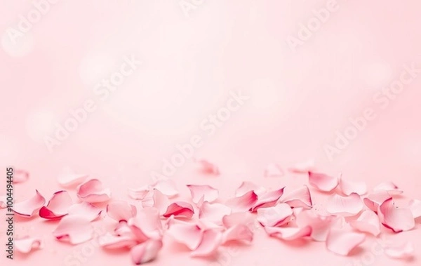 Fototapeta Delicate pink rose petals scattered on a soft pink background.