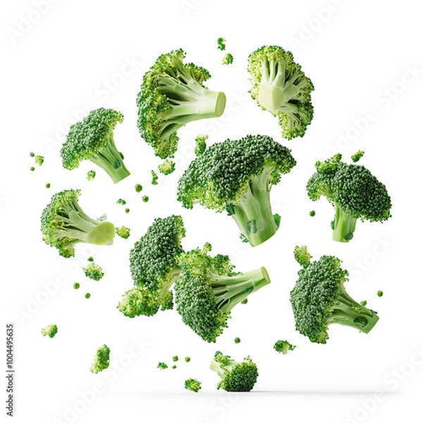 Fototapeta Floating broccoli florets on a Transparent Background