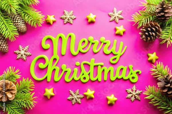 Fototapeta Bright and festive Merry Christmas message adorned with pine branches, stars, and snowflakes against a vibrant pink backdrop. Generative AI