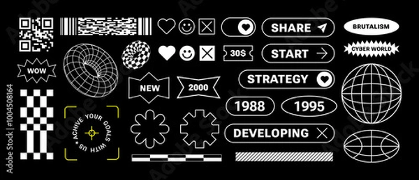 Fototapeta Retro Futuristic stickers for business. Concept Elements. Brutalist style. Strategy, call to action. Minimalism aesthetic for web page, poster, brochure. Bar code, simple shapes, buttons,3d wireframe 
