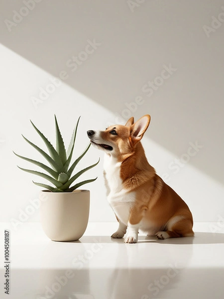 Fototapeta Corgi sitting on the floor with an aloe flower