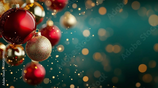 Fototapeta Christmas ornaments with festive mood on blurred background with bokeh effect