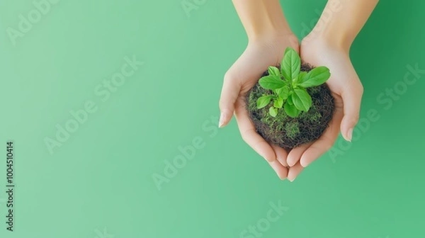 Fototapeta Human hands nurturing a small forest ecosystem, symbolizing the connection between human action and biodiversity sustainability