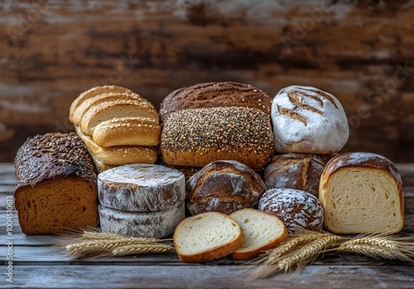Fototapeta A delicious selection of freshly baked whole and sliced ​​breads and pastries are artfully displayed on a wooden surface, evoking the warm and cosy feeling of home baking.