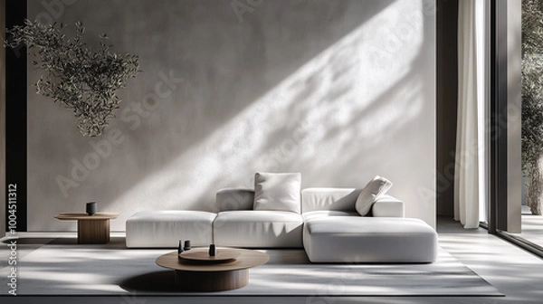 Fototapeta A minimalist living room with a neutral textured accent wall, featuring a sleek gray sofa and a simple coffee table. The room is bathed in natural light, with minimal decor and soft shadows