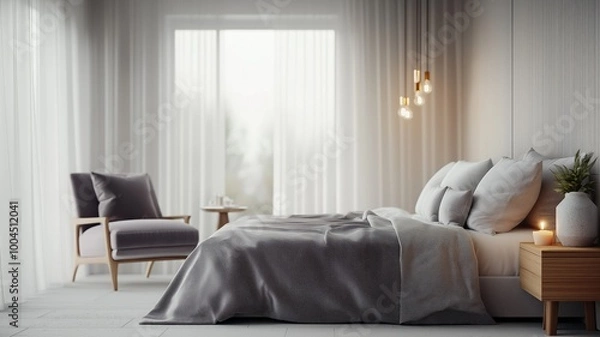 Fototapeta Minimalist Bedroom with Soft Lighting and Romantic, Intimate Atmosphere