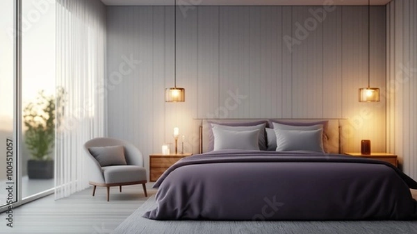 Fototapeta Modern Bedroom with Soft Lighting and Romantic Ambiance