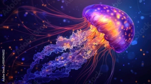Fototapeta Glowing Jellyfish in the Ocean Depths