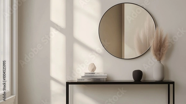 Obraz A modern entryway showcasing a minimalist console table in black metal, paired with a round mirror. The table holds a small stack of books and a single decorative sculpture