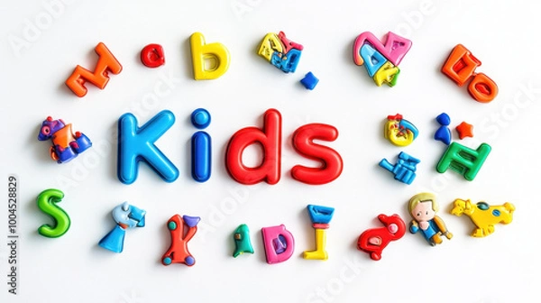 Fototapeta Colorful plastic letters spell out kids on a bright background, perfect for educational playtime