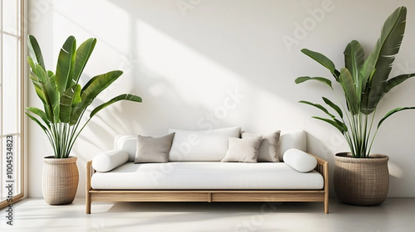 Fototapeta A peaceful minimalist living room with large green plants and a simple white couch. Wooden accents and natural light create a calm, airy feel